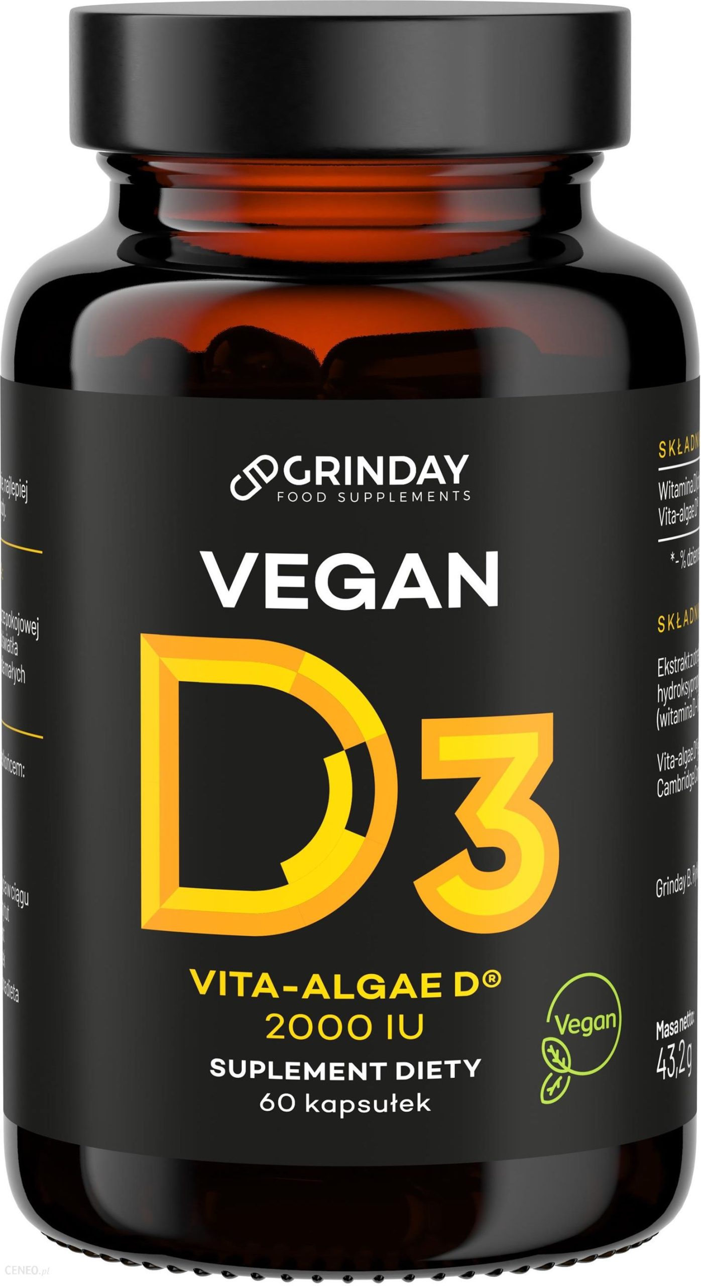Grinday Vegan D3 – wegańska witamina D3 z alg – suplementy diety – 2000 IU/60 kapsułek.